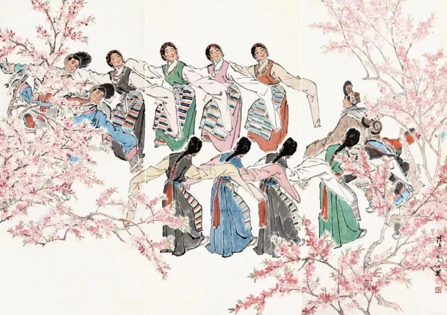 葉淺予高原之春紙本設(shè)色211cm×98cm、211cm×105cm、211cm×98cm1964年